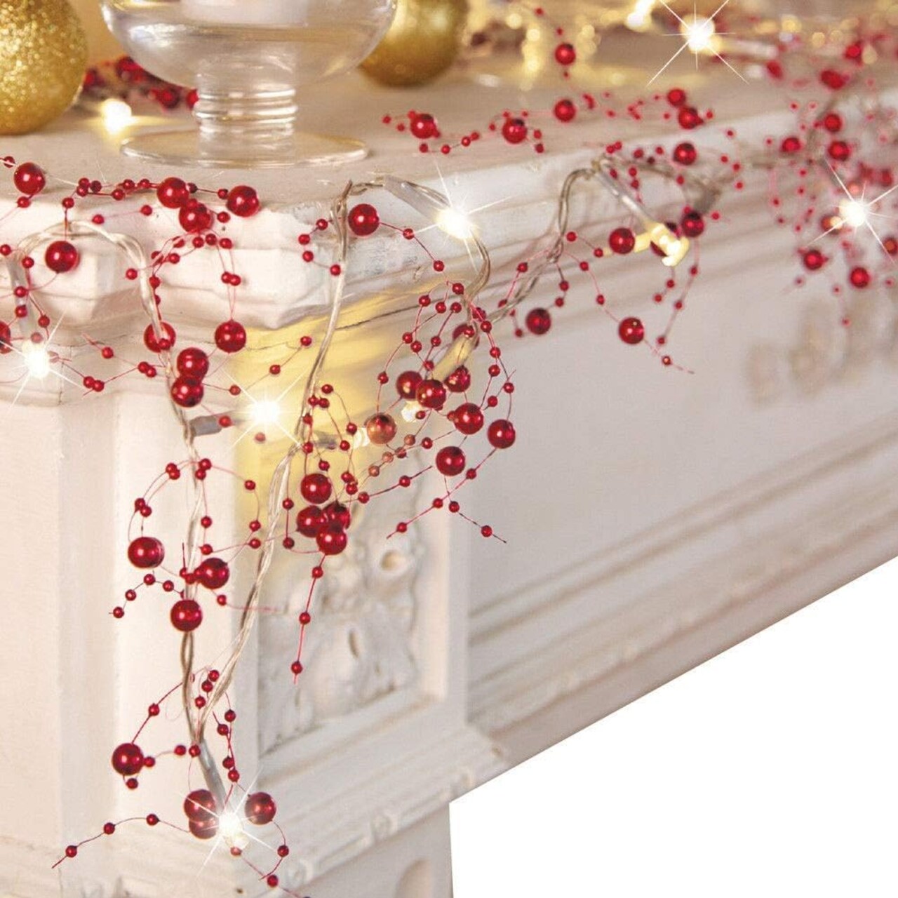 100-Light Christmas Garland with Beaded Berries – 8.3 ft Festive Indoor Holiday Decoration for Mantel, Fireplace, and Party (Red)